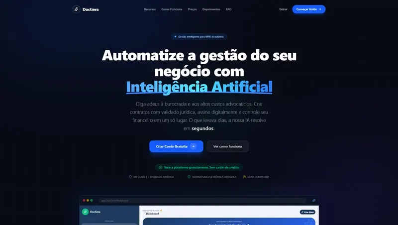 Página inicial do DocGera, plataforma de contratos com inteligência artificial.