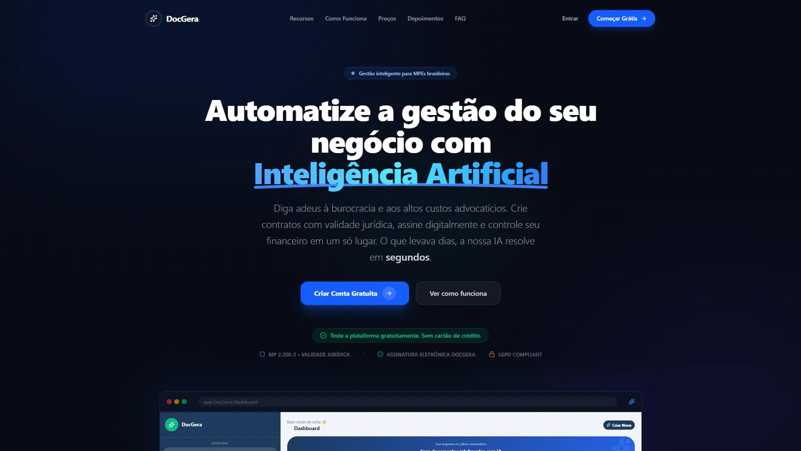 Página inicial do DocGera, com o título "Contratos prontos, assinados e com validade jurídica no mesmo dia".