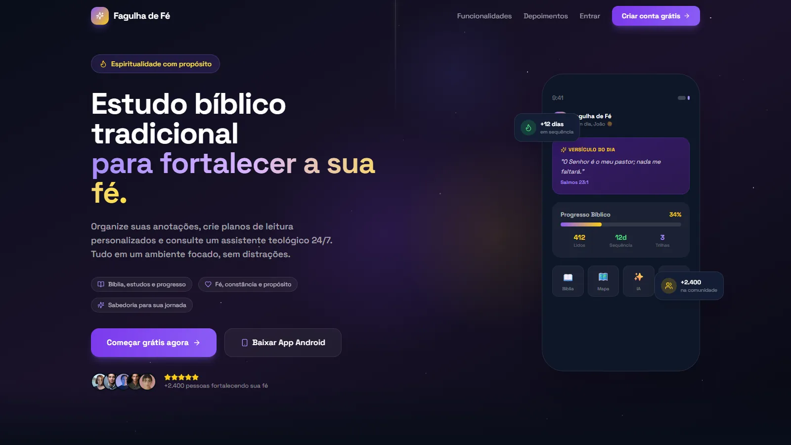 Página inicial do Fagulha de Fé, com o título "Estudo bíblico tradicional para fortalecer a sua fé" ao lado da tela do aplicativo mostrando versículo do dia e progresso de leitura.