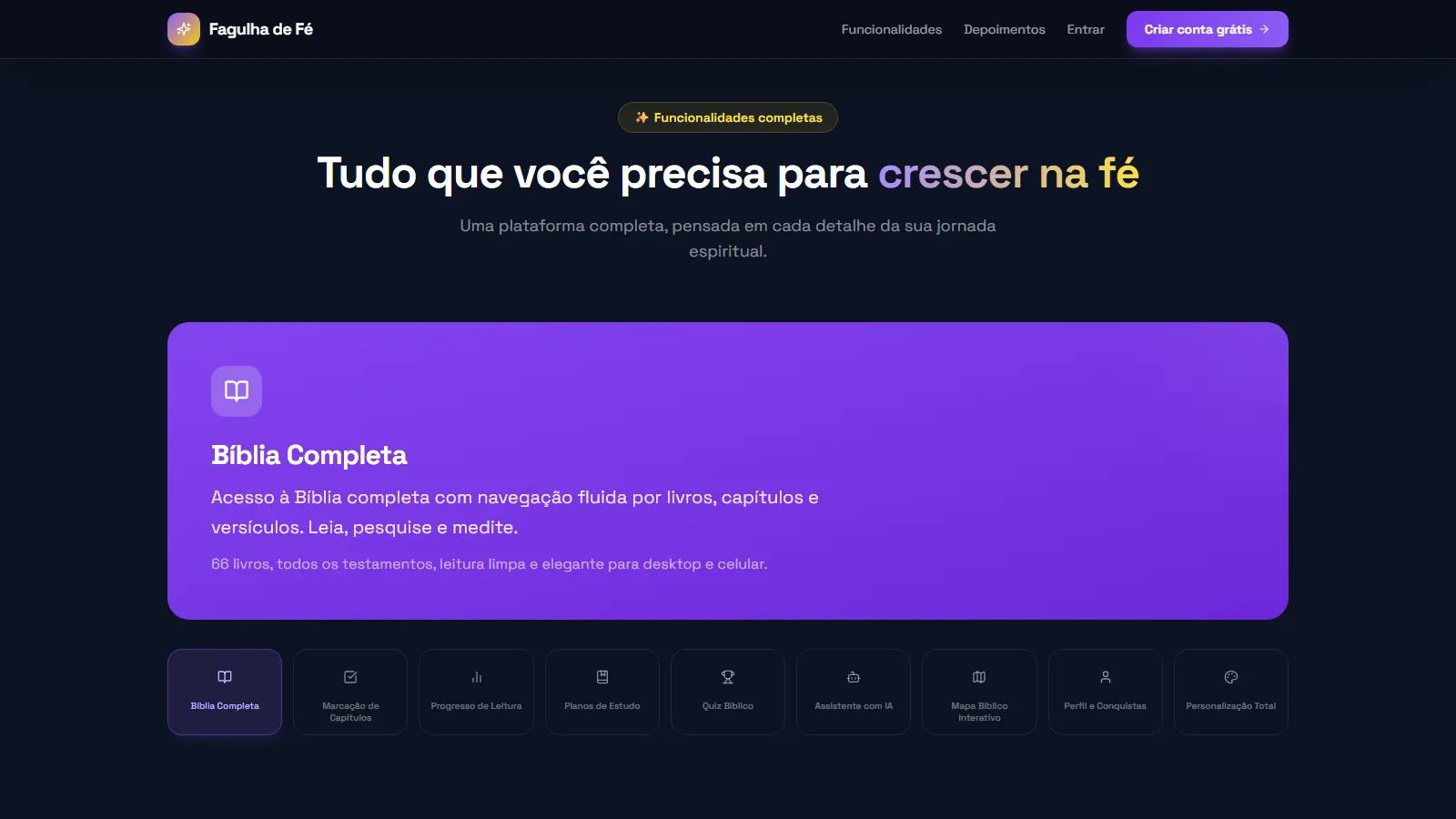 Seção de funcionalidades, com os recursos de estudo da plataforma organizados em cartões.