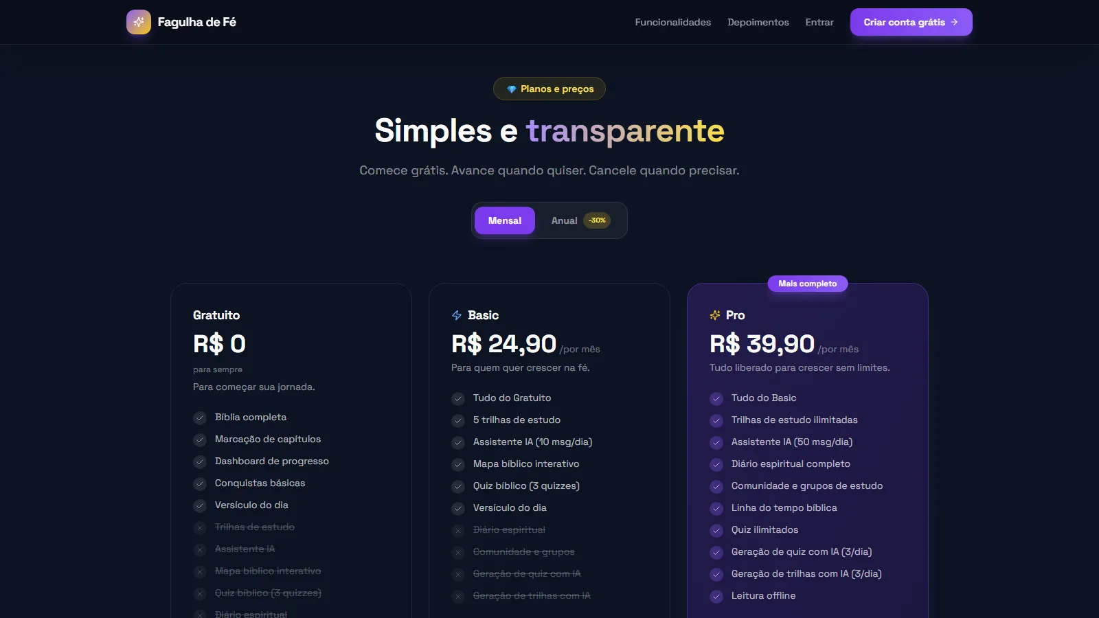 Seção de planos e preços, com as três faixas e o que cada uma libera.