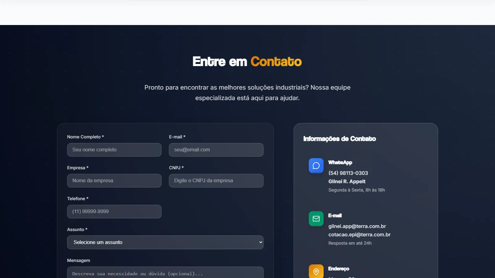 Seção de contato com o formulário de cotação pedindo empresa e CNPJ, ao lado dos canais diretos de atendimento.