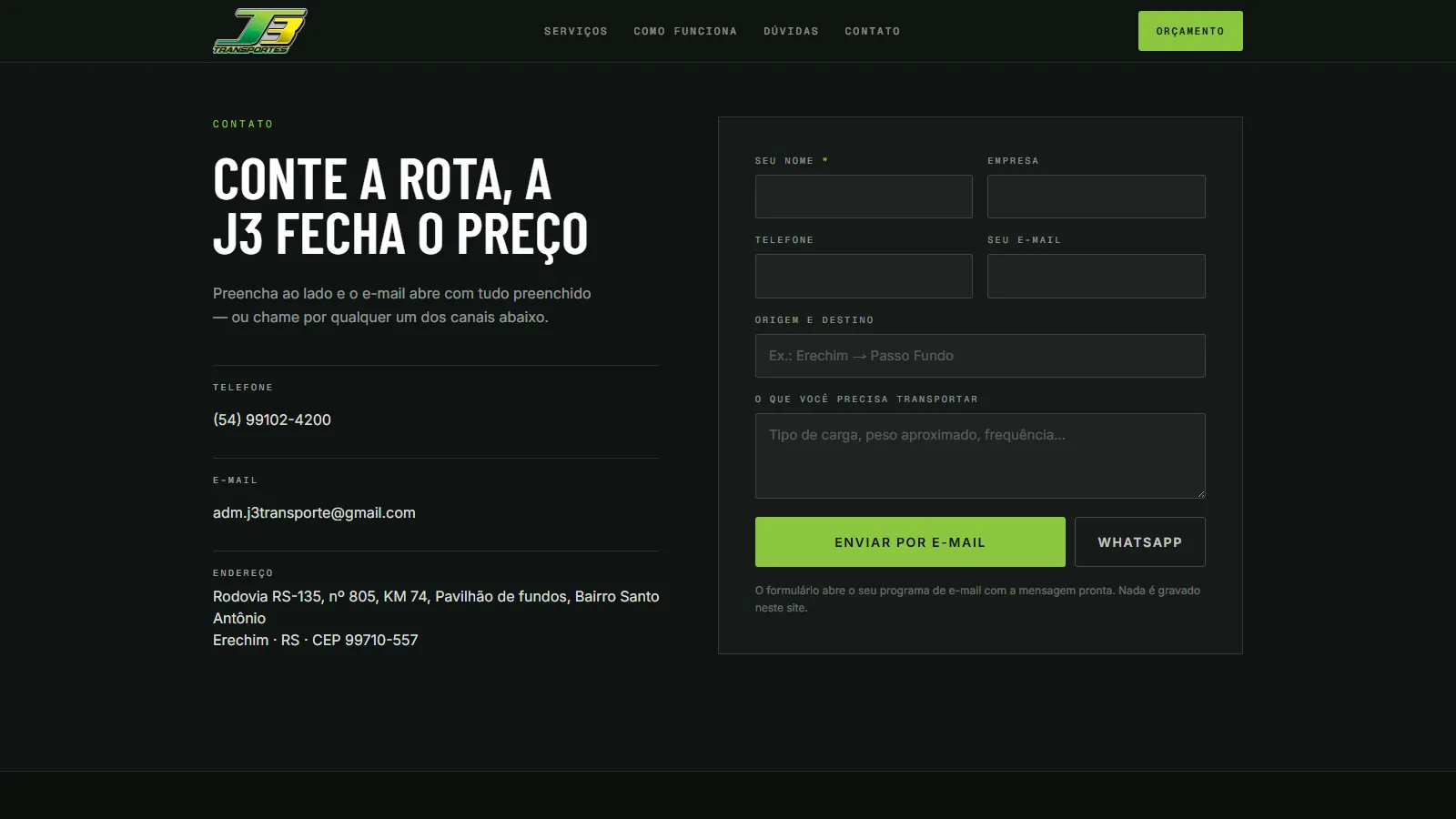 Seção de contato com telefone, e-mail, endereço em Erechim e o formulário que abre o programa de e-mail já preenchido.