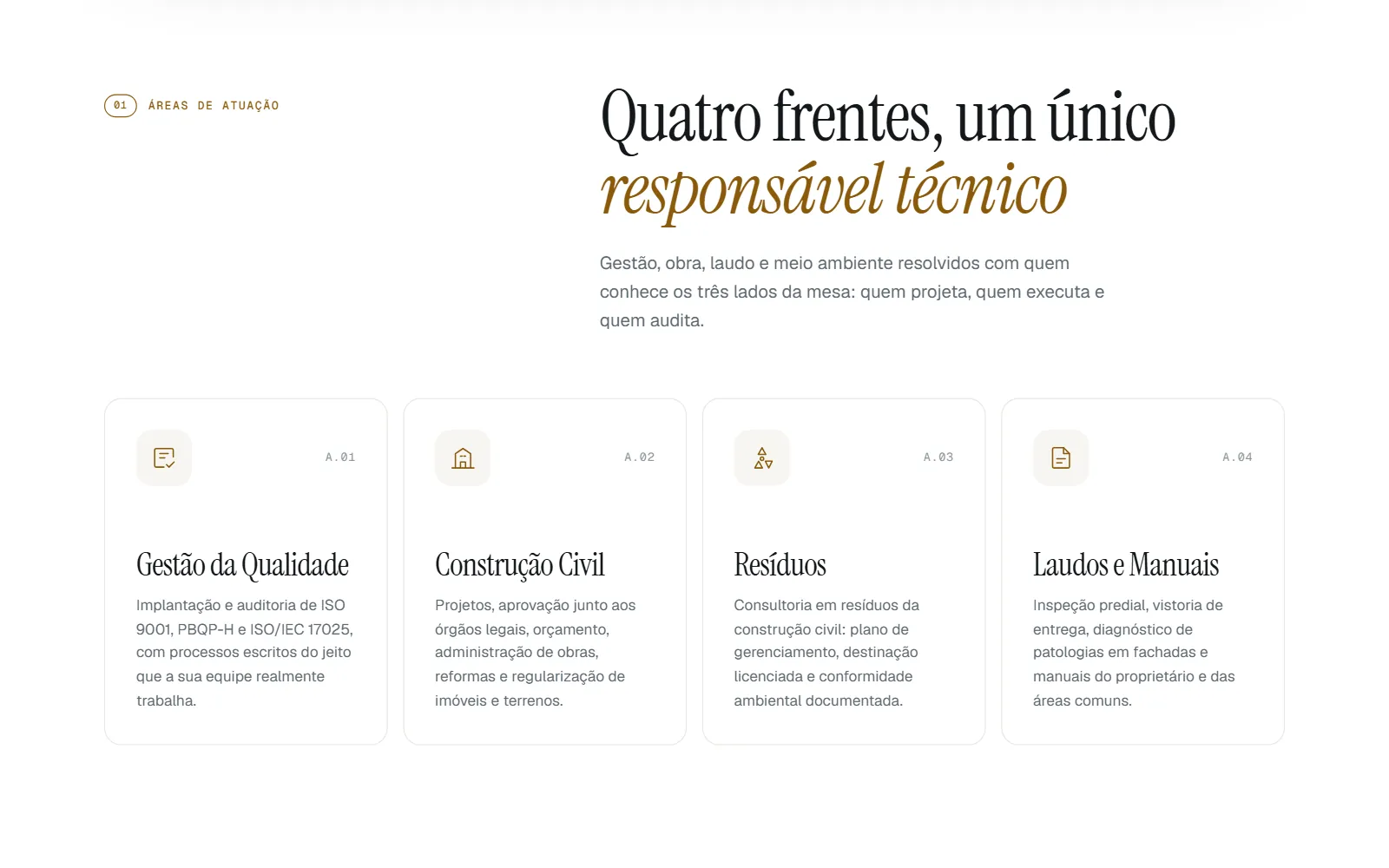 Seção de áreas de atuação, com quatro cartões: gestão da qualidade, construção civil, resíduos e laudos e manuais.