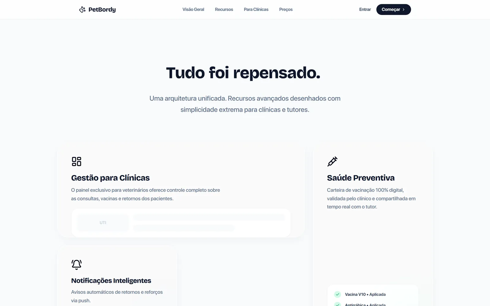Grade de recursos do produto, com gestão para clínicas, saúde preventiva e notificações inteligentes.