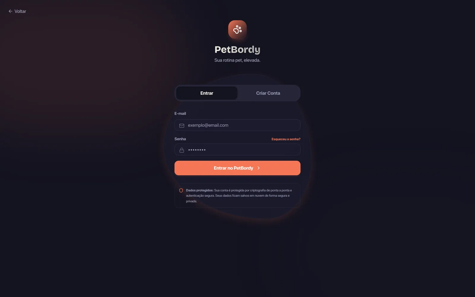 Tela de acesso do PetBordy, com campos de e-mail e senha vazios e aviso sobre proteção dos dados.