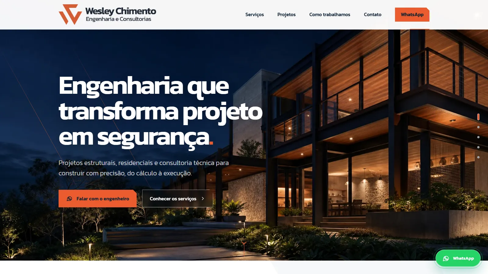 Página inicial do site de Wesley Chimento, com o título "Engenharia que transforma projeto em segurança" sobre a foto noturna de uma residência.