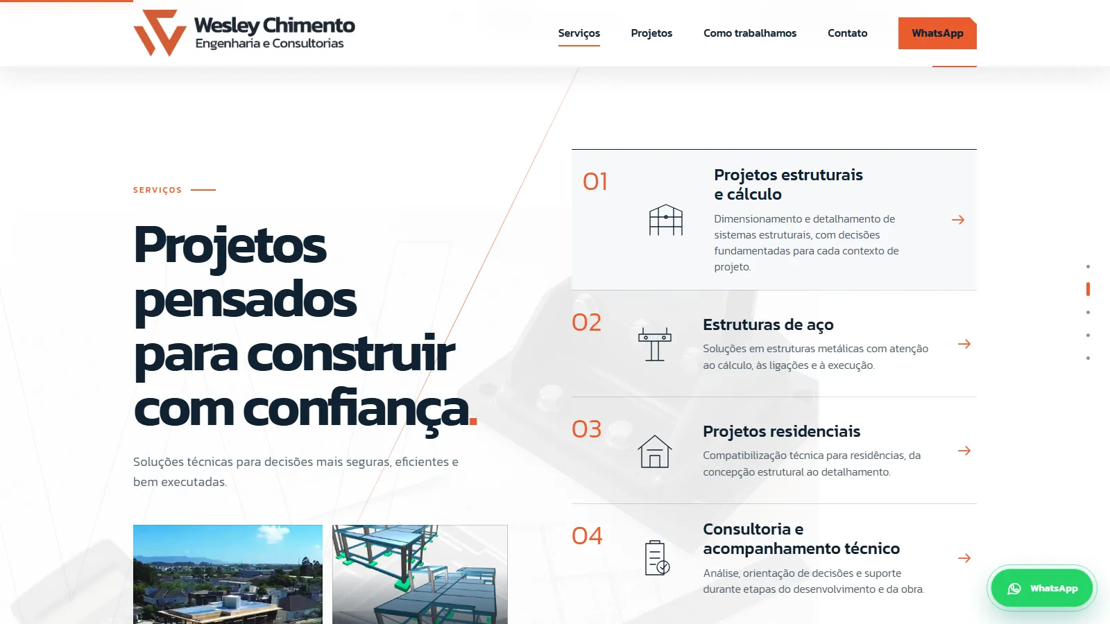 Seção de serviços do site, com as credenciais do engenheiro no topo e quatro frentes de trabalho listadas ao lado.
