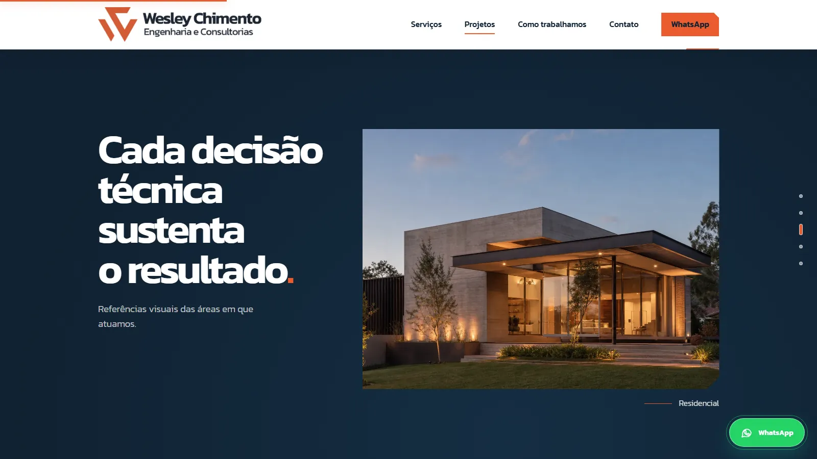 Seção de projetos, com cards de obras publicadas no Instagram do escritório e link para acompanhar o perfil.