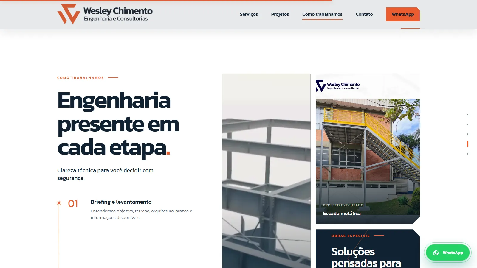 Seção que descreve as quatro etapas do trabalho, ao lado de fotos de obras e de um bloco sobre soluções para desafios fora do comum.