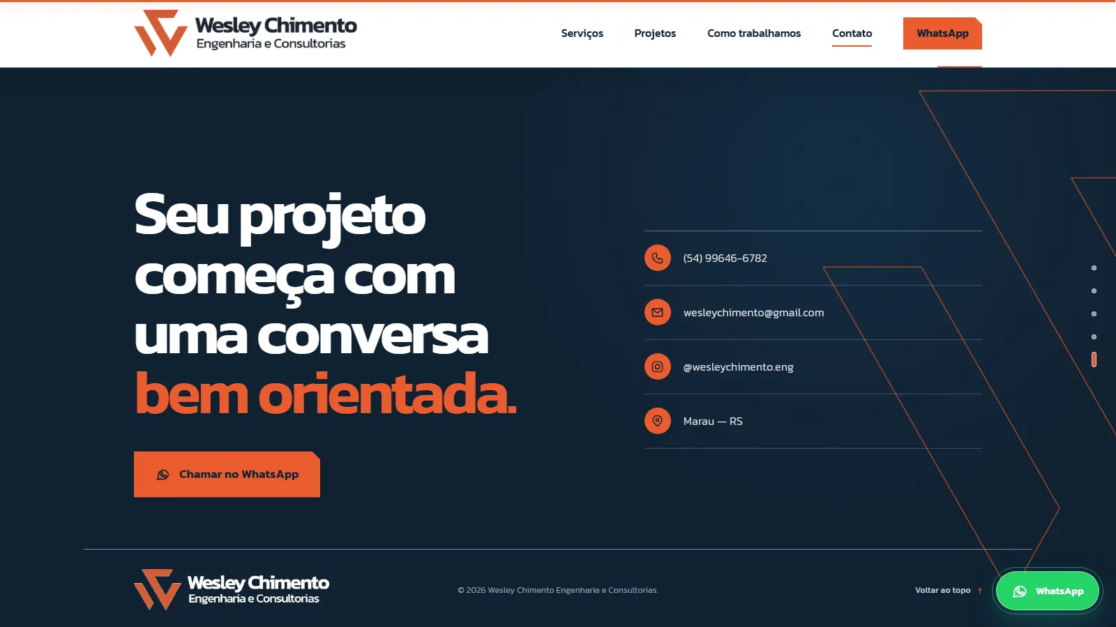 Seção de contato com telefone, e-mail, Instagram, cidade de atendimento e botão para chamar no WhatsApp.